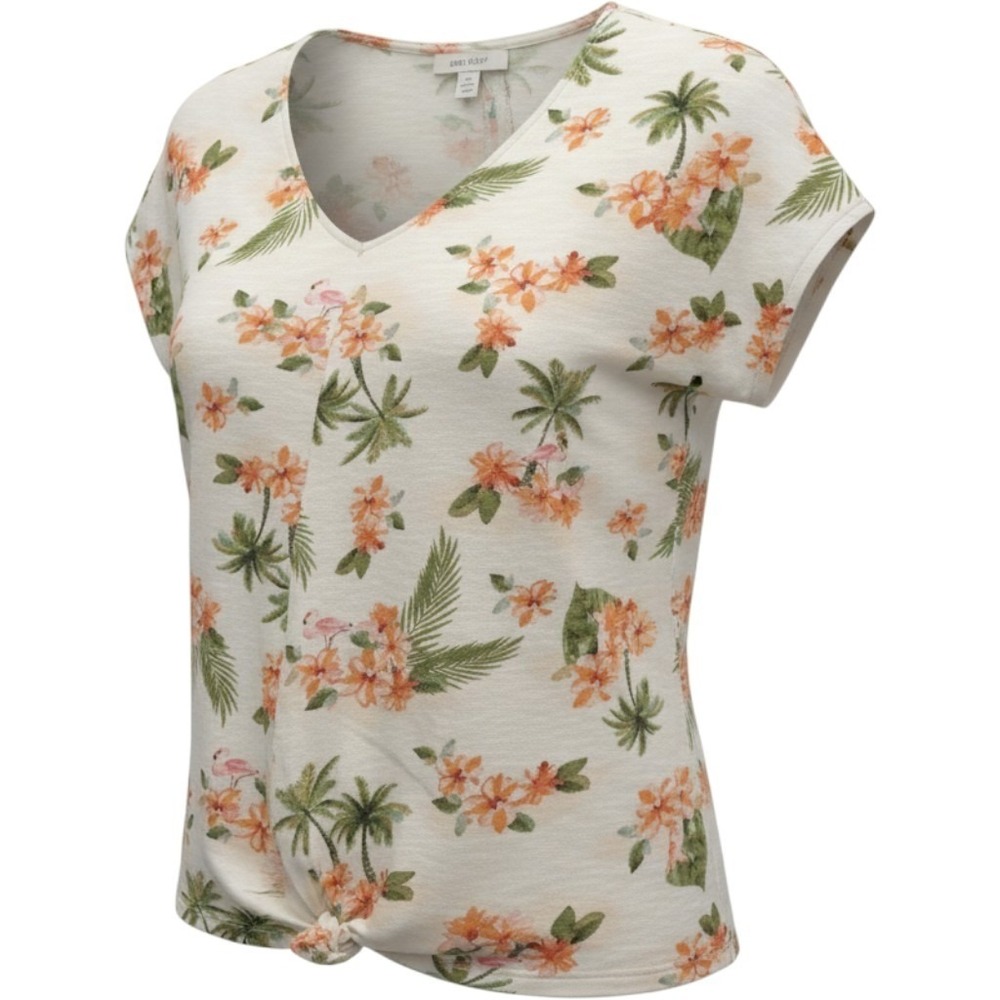 Est. 1946 Top Women Size M Ivory Tropical Palm Floral Front Tie V-Neck Slub Knit